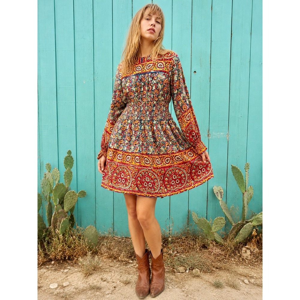 Vintage 70s Indian Paisley Cotton Smocked Mini Dress Boho Festival Hippie‎ S/M